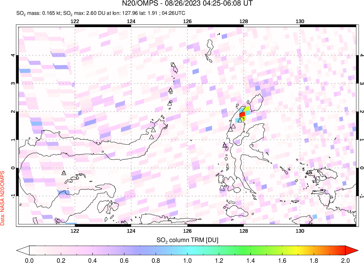 A sulfur dioxide image over Northern Sulawesi & Halmahera, Indonesia on Aug 26, 2023.