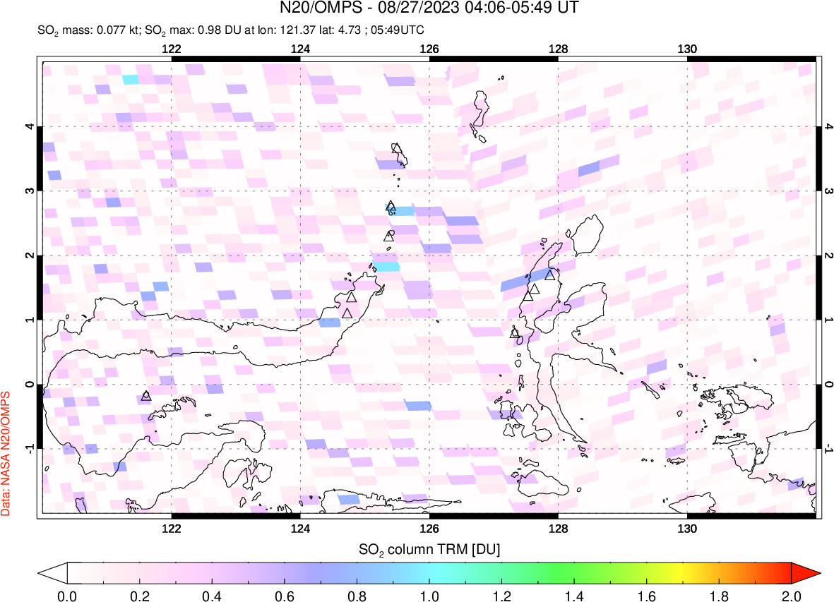 A sulfur dioxide image over Northern Sulawesi & Halmahera, Indonesia on Aug 27, 2023.