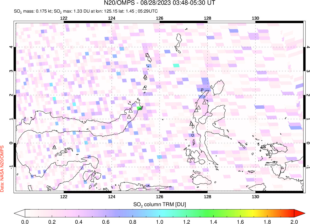 A sulfur dioxide image over Northern Sulawesi & Halmahera, Indonesia on Aug 28, 2023.