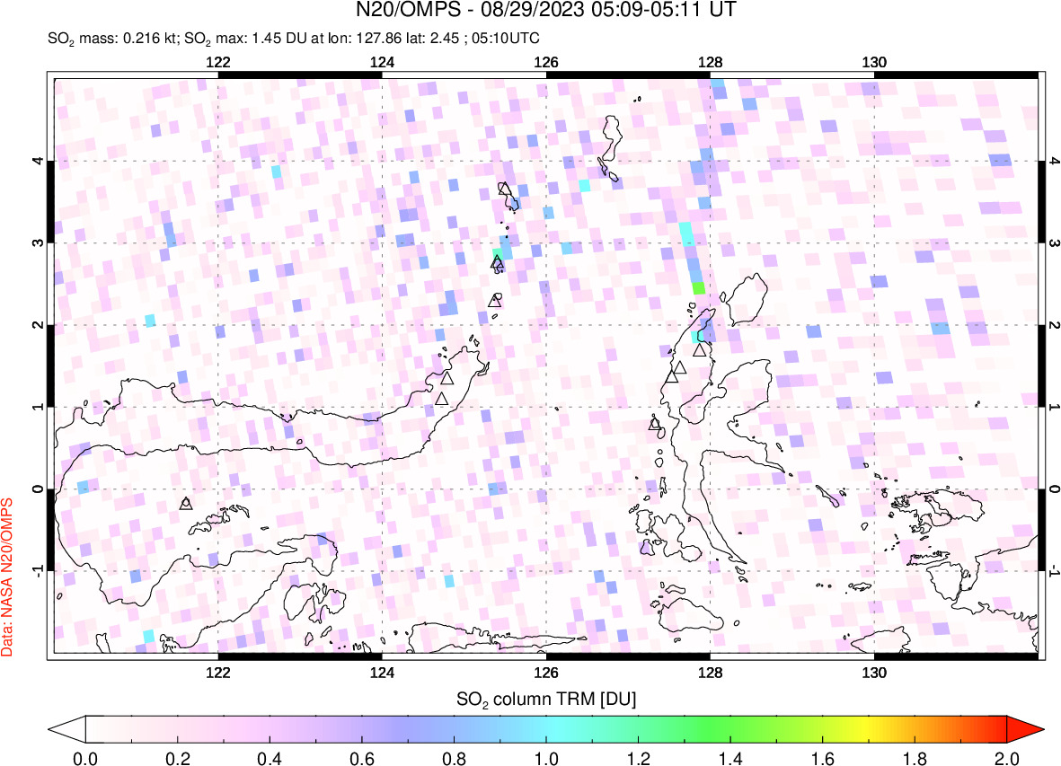 A sulfur dioxide image over Northern Sulawesi & Halmahera, Indonesia on Aug 29, 2023.