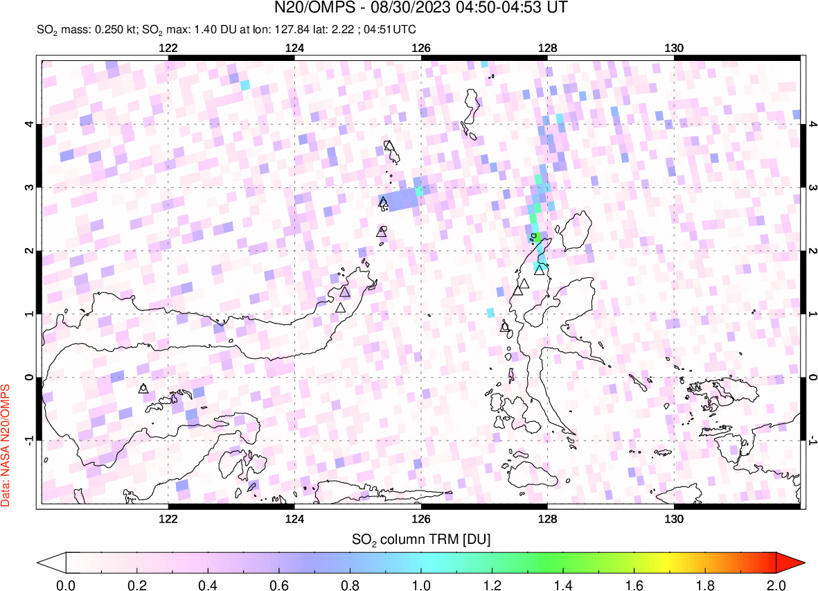 A sulfur dioxide image over Northern Sulawesi & Halmahera, Indonesia on Aug 30, 2023.