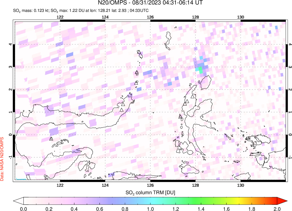 A sulfur dioxide image over Northern Sulawesi & Halmahera, Indonesia on Aug 31, 2023.