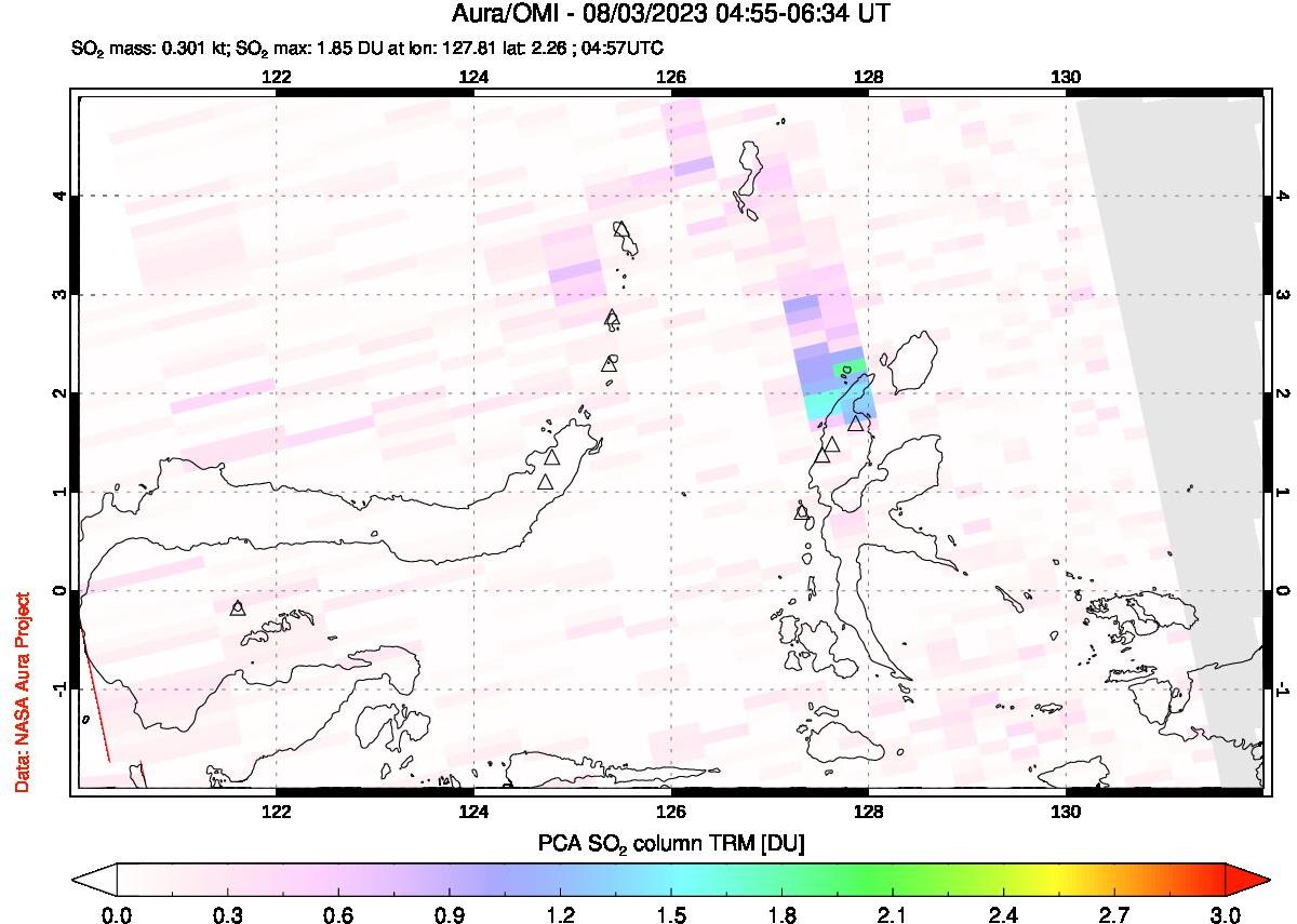 A sulfur dioxide image over Northern Sulawesi & Halmahera, Indonesia on Aug 03, 2023.