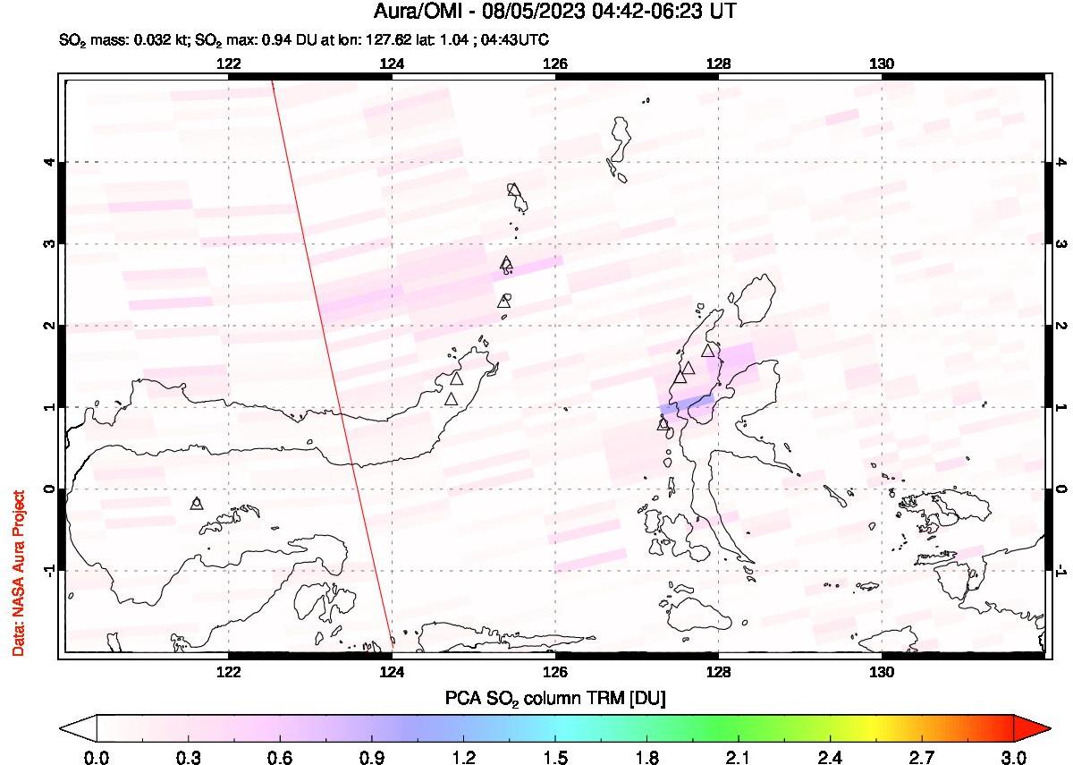 A sulfur dioxide image over Northern Sulawesi & Halmahera, Indonesia on Aug 05, 2023.