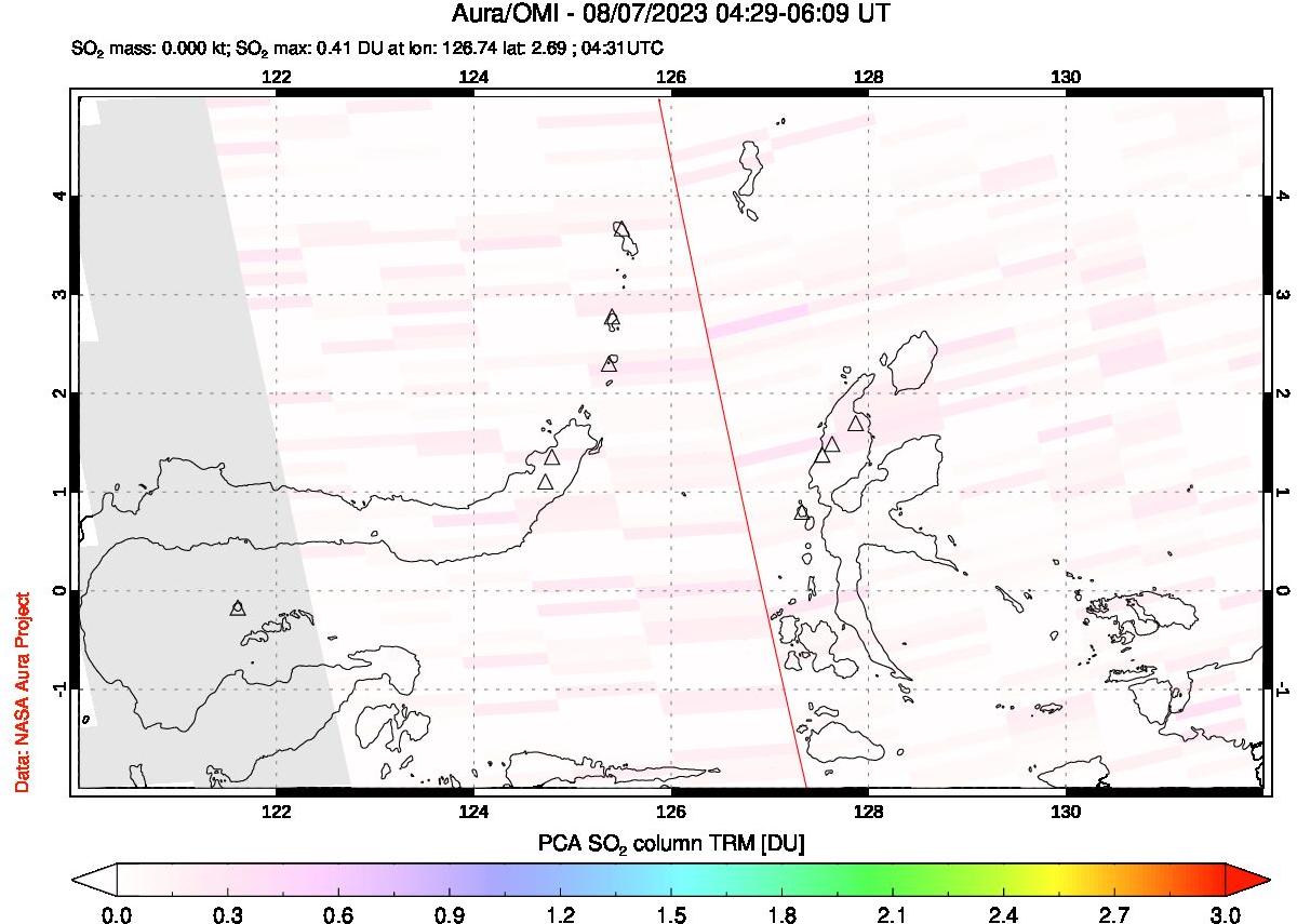 A sulfur dioxide image over Northern Sulawesi & Halmahera, Indonesia on Aug 07, 2023.