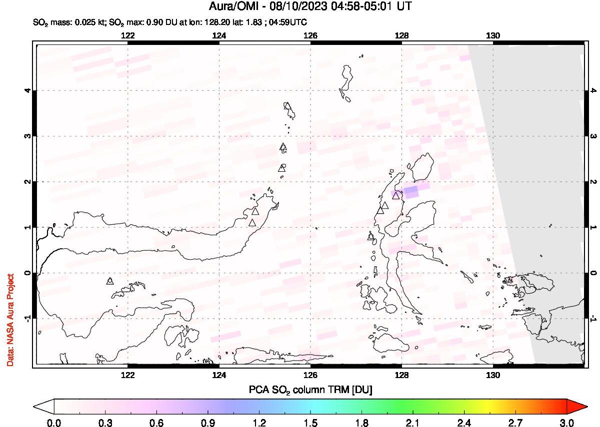 A sulfur dioxide image over Northern Sulawesi & Halmahera, Indonesia on Aug 10, 2023.