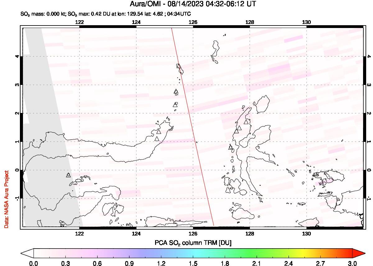 A sulfur dioxide image over Northern Sulawesi & Halmahera, Indonesia on Aug 14, 2023.