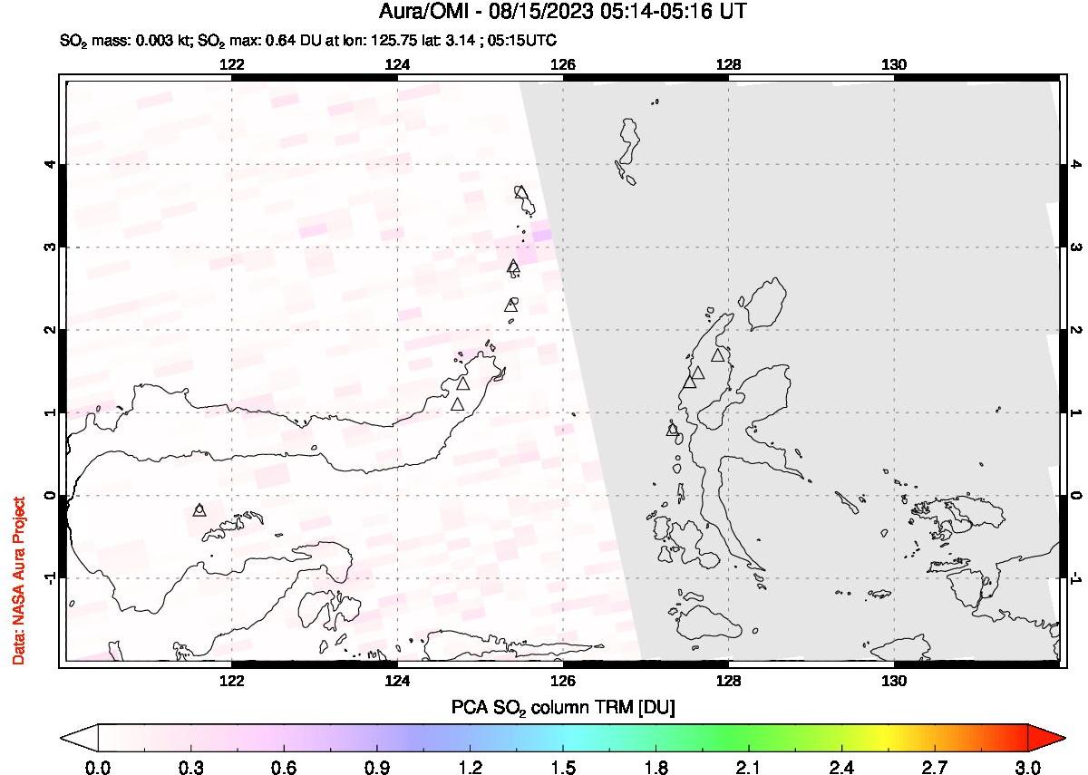 A sulfur dioxide image over Northern Sulawesi & Halmahera, Indonesia on Aug 15, 2023.