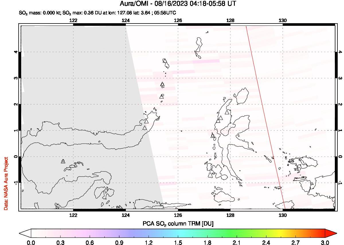 A sulfur dioxide image over Northern Sulawesi & Halmahera, Indonesia on Aug 16, 2023.