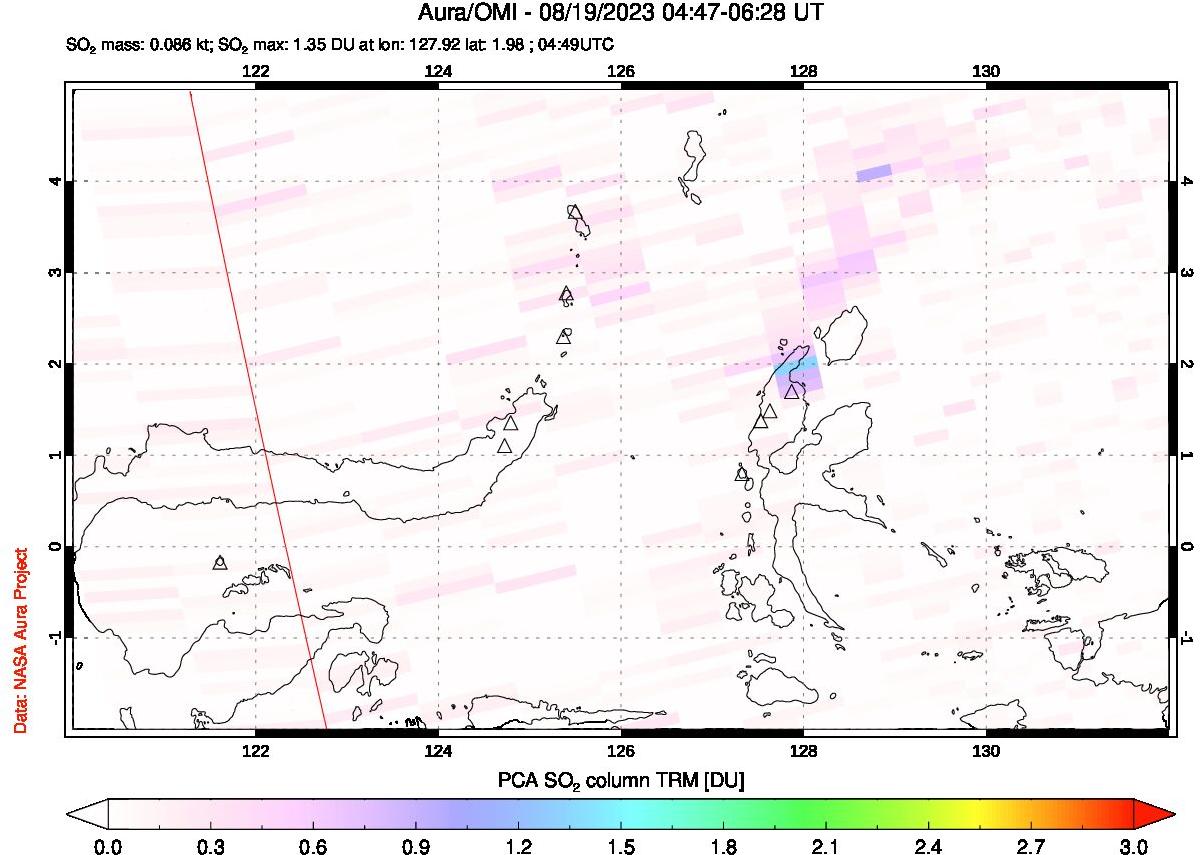 A sulfur dioxide image over Northern Sulawesi & Halmahera, Indonesia on Aug 19, 2023.