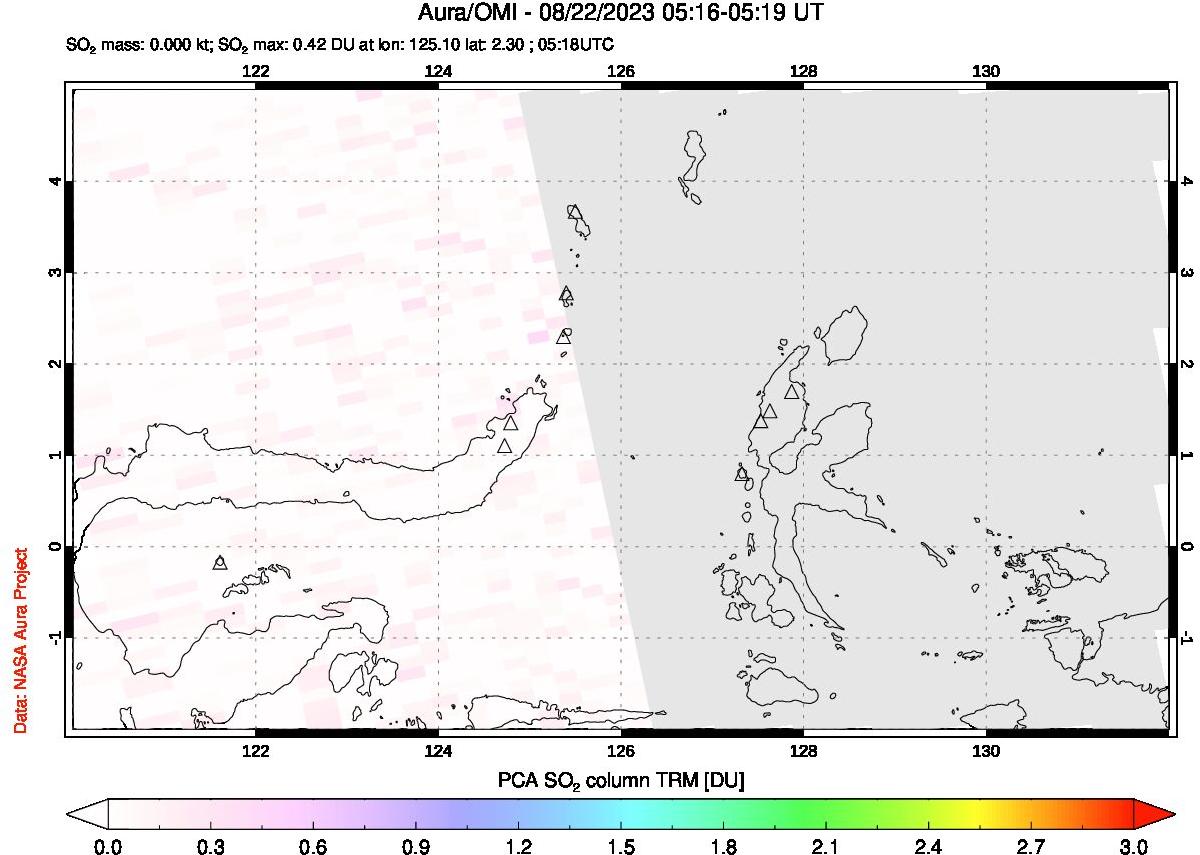 A sulfur dioxide image over Northern Sulawesi & Halmahera, Indonesia on Aug 22, 2023.