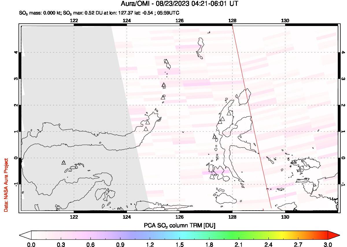 A sulfur dioxide image over Northern Sulawesi & Halmahera, Indonesia on Aug 23, 2023.