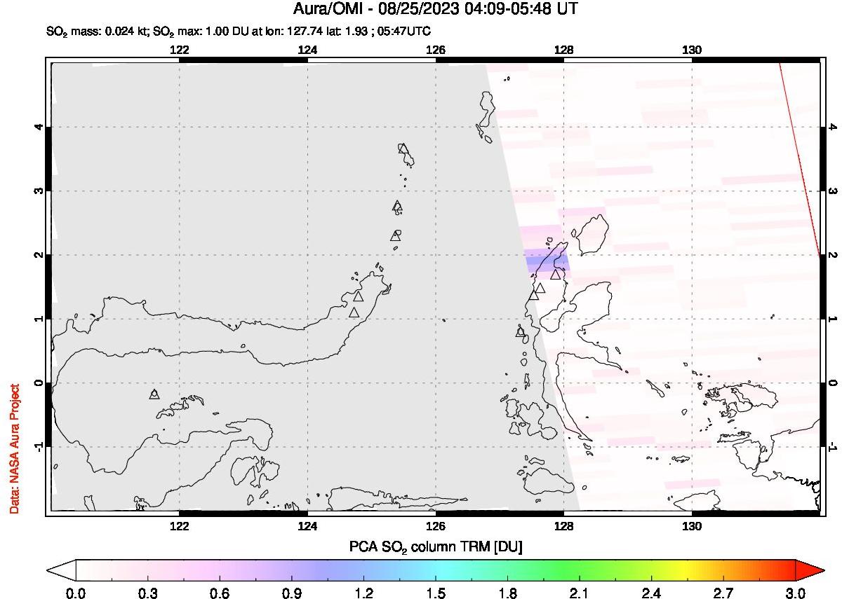 A sulfur dioxide image over Northern Sulawesi & Halmahera, Indonesia on Aug 25, 2023.