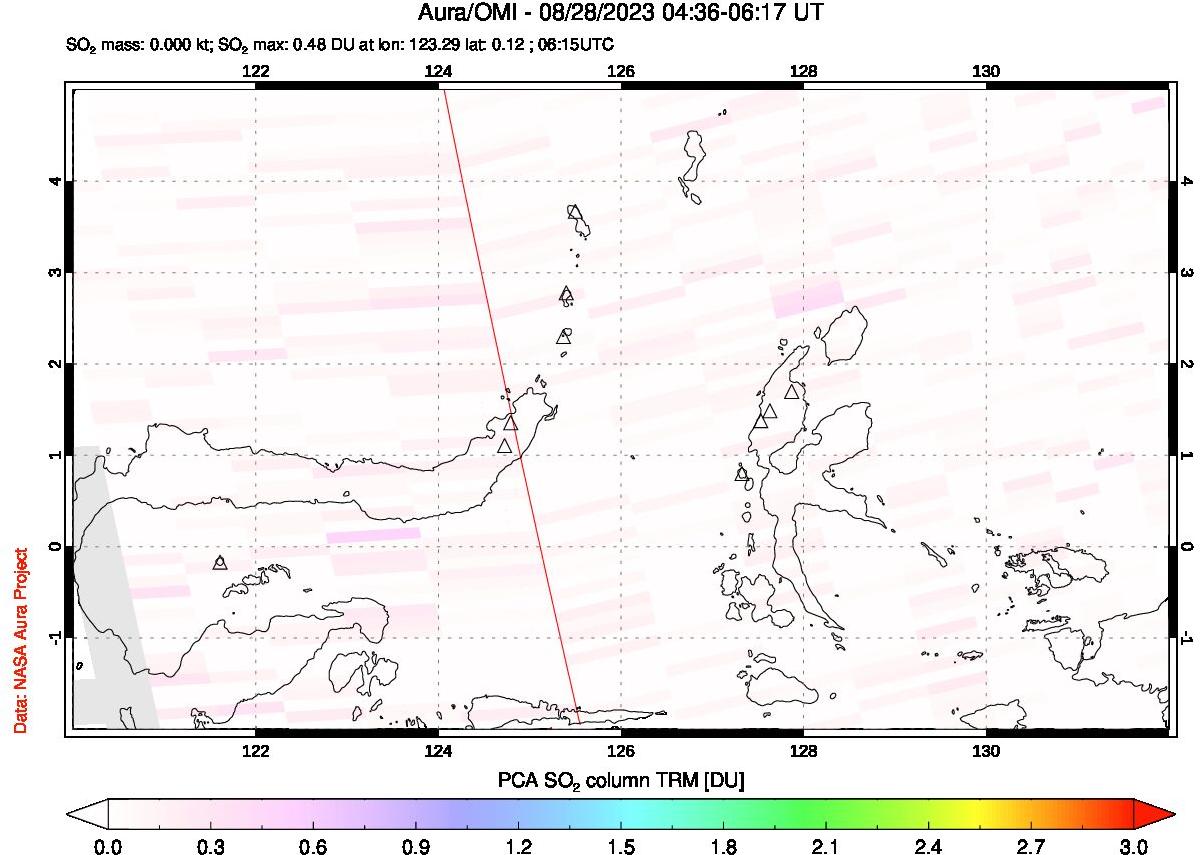 A sulfur dioxide image over Northern Sulawesi & Halmahera, Indonesia on Aug 28, 2023.