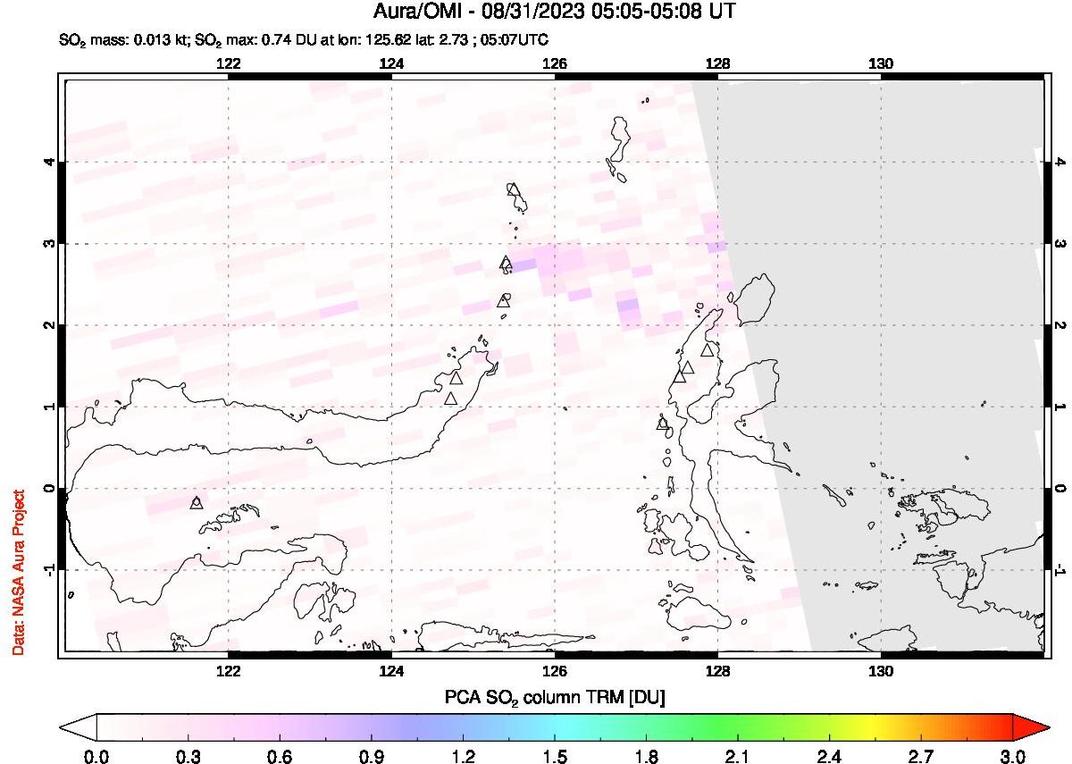 A sulfur dioxide image over Northern Sulawesi & Halmahera, Indonesia on Aug 31, 2023.
