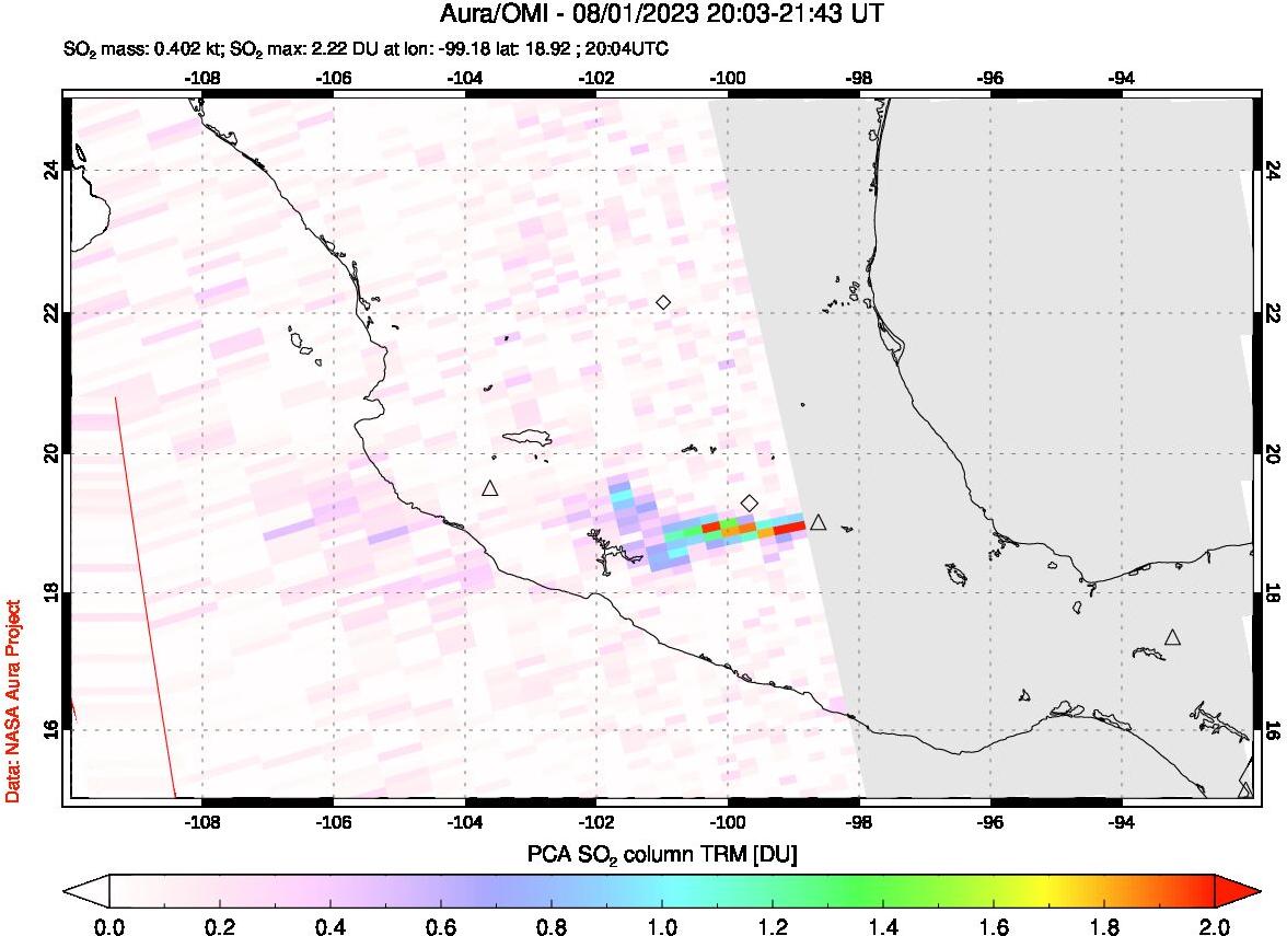 A sulfur dioxide image over Mexico on Aug 01, 2023.