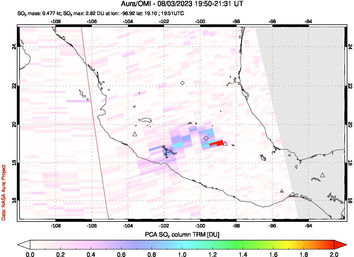 A sulfur dioxide image over Mexico on Aug 03, 2023.