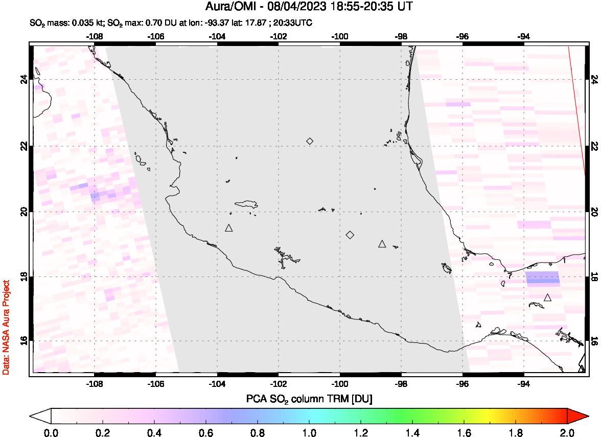 A sulfur dioxide image over Mexico on Aug 04, 2023.