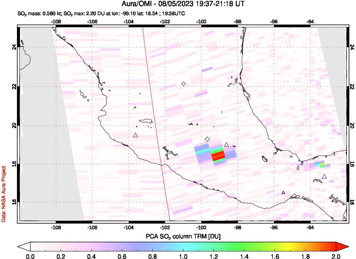 A sulfur dioxide image over Mexico on Aug 05, 2023.