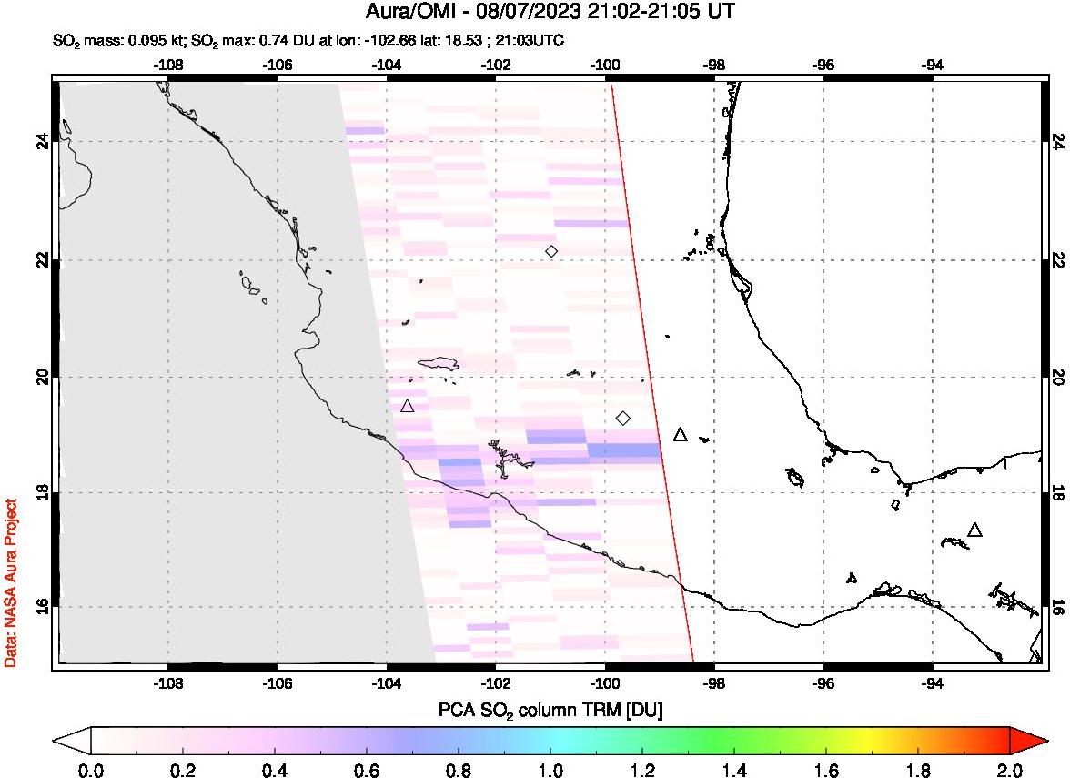 A sulfur dioxide image over Mexico on Aug 07, 2023.