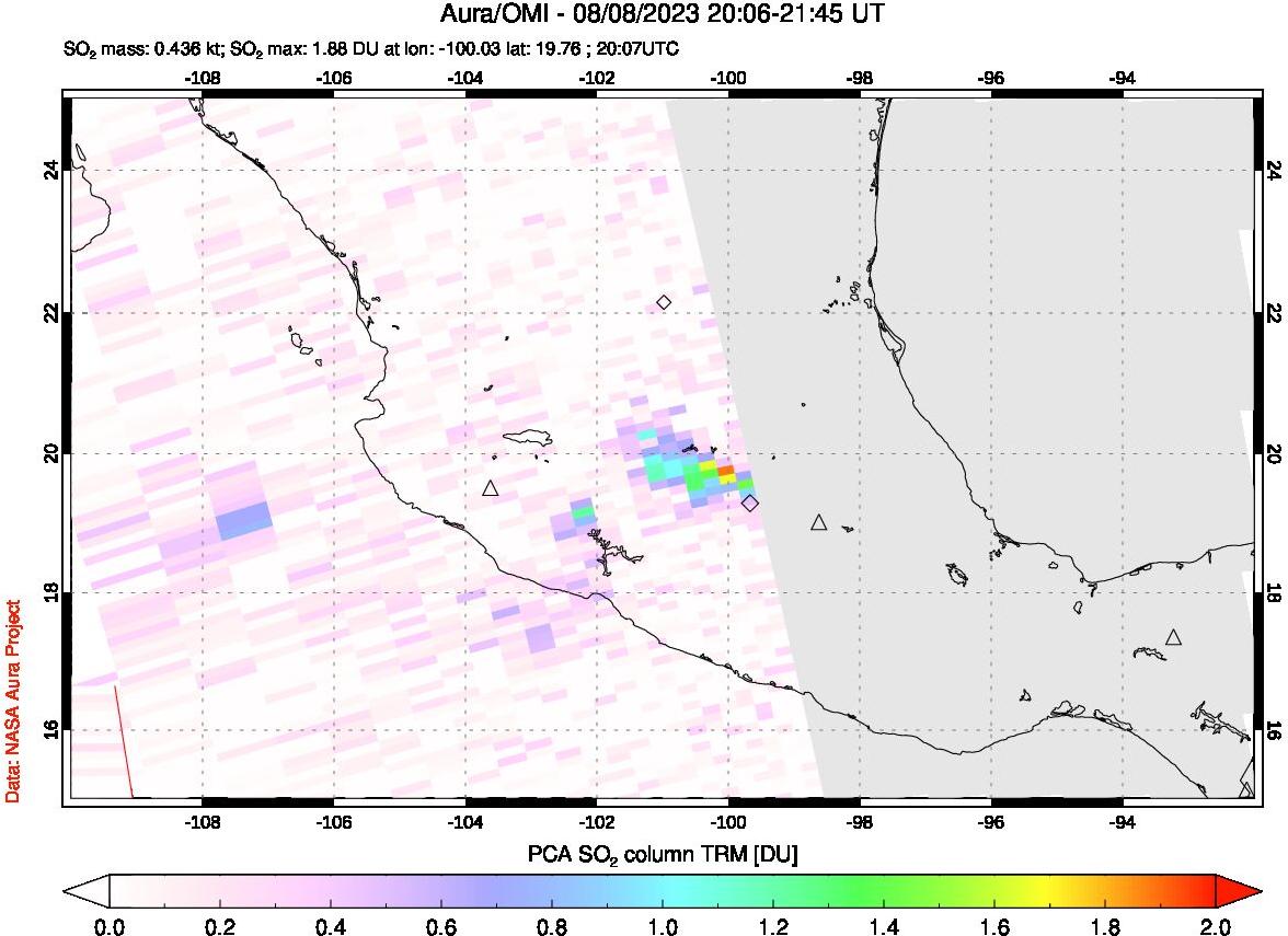 A sulfur dioxide image over Mexico on Aug 08, 2023.
