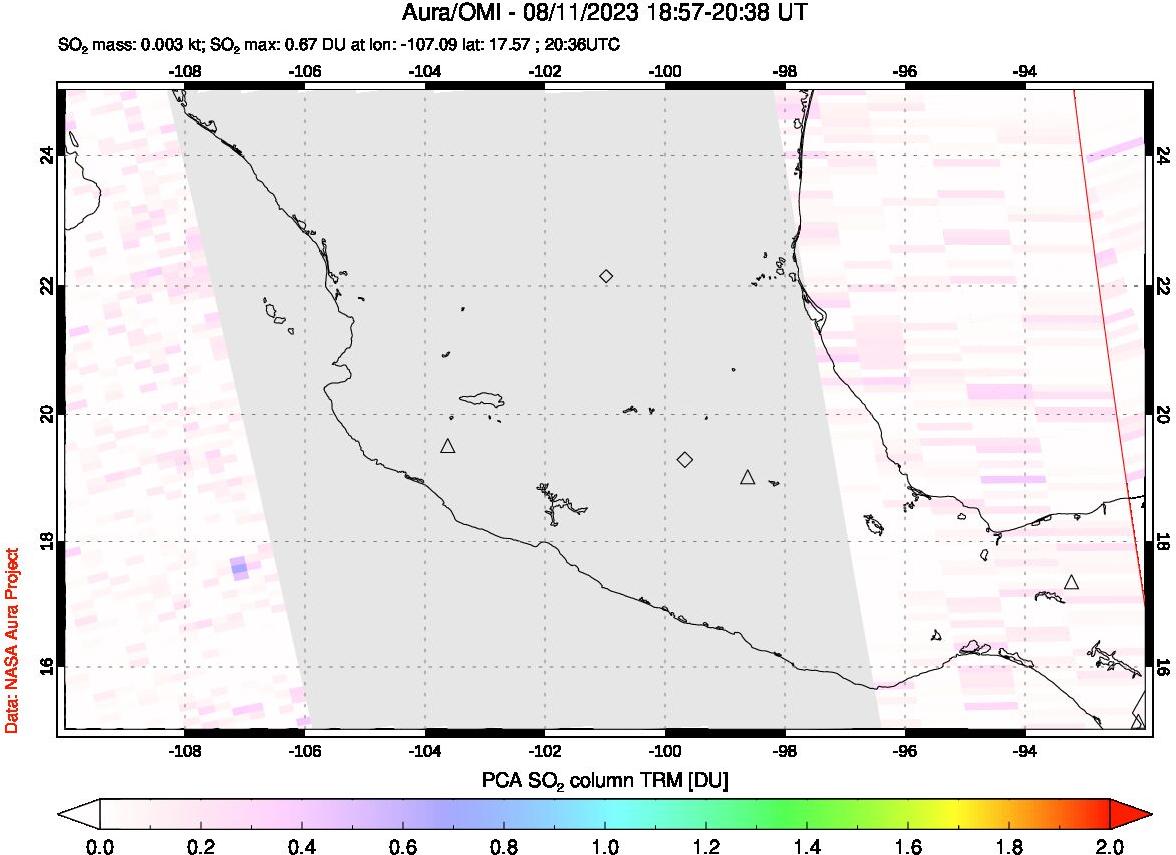 A sulfur dioxide image over Mexico on Aug 11, 2023.