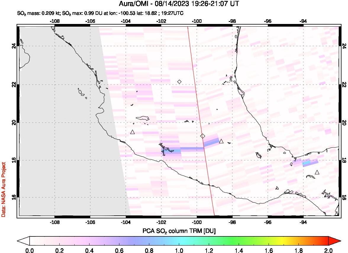 A sulfur dioxide image over Mexico on Aug 14, 2023.