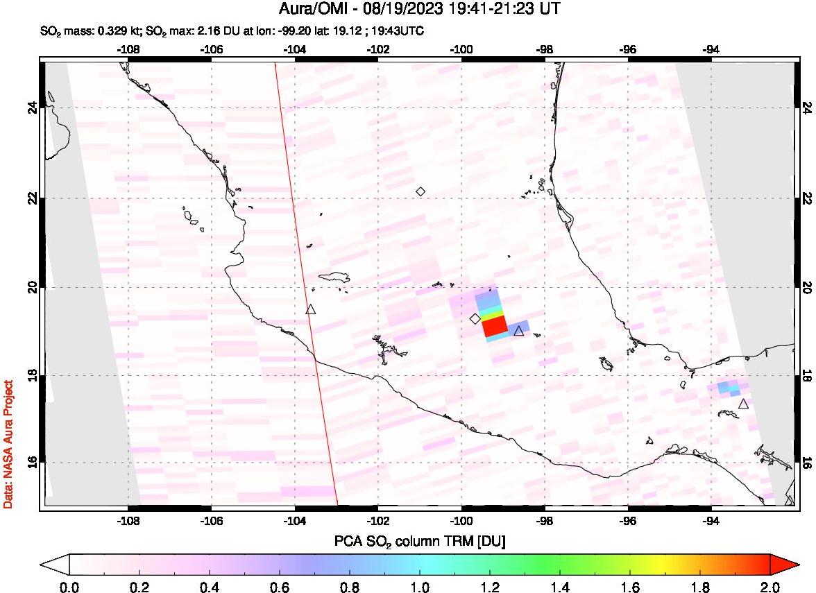 A sulfur dioxide image over Mexico on Aug 19, 2023.