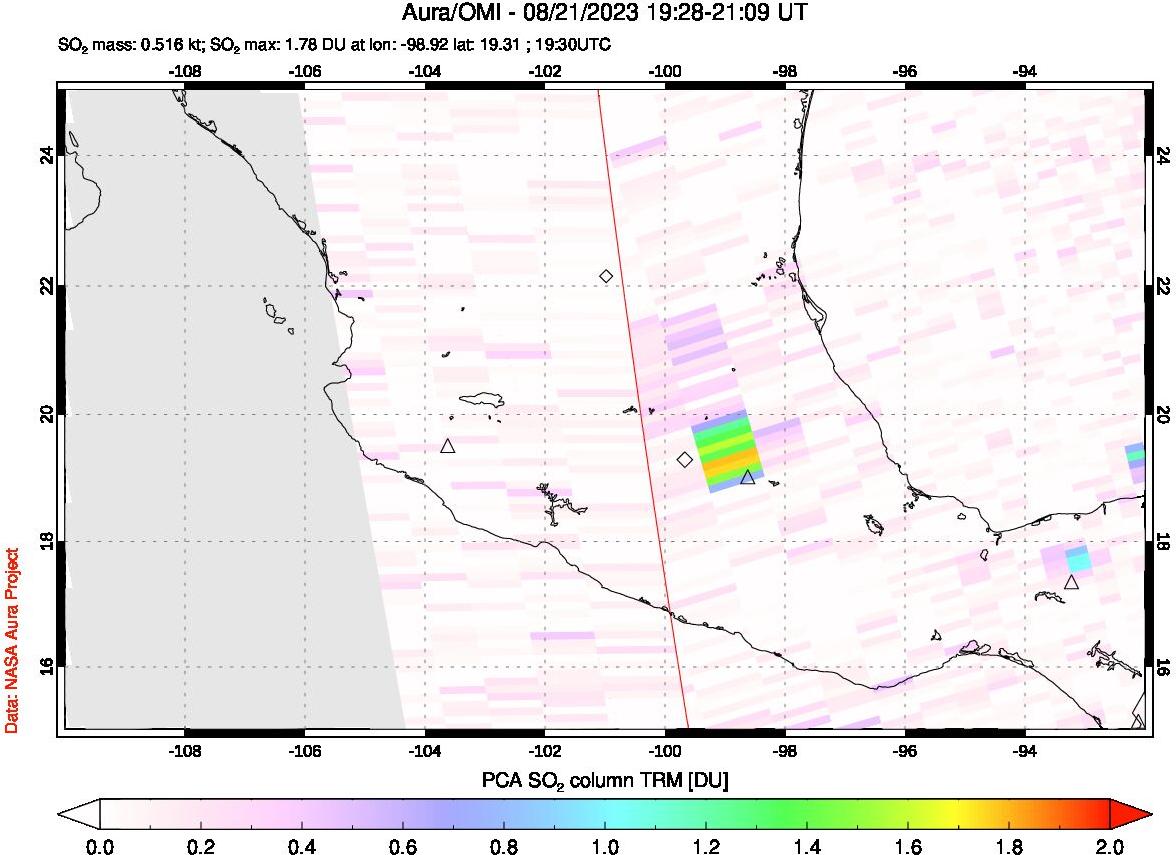 A sulfur dioxide image over Mexico on Aug 21, 2023.