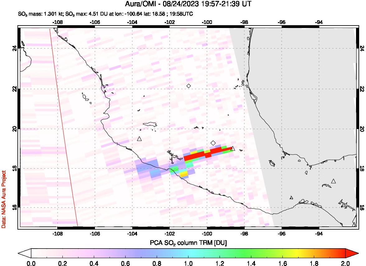 A sulfur dioxide image over Mexico on Aug 24, 2023.