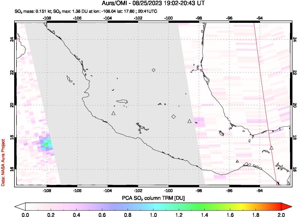 A sulfur dioxide image over Mexico on Aug 25, 2023.