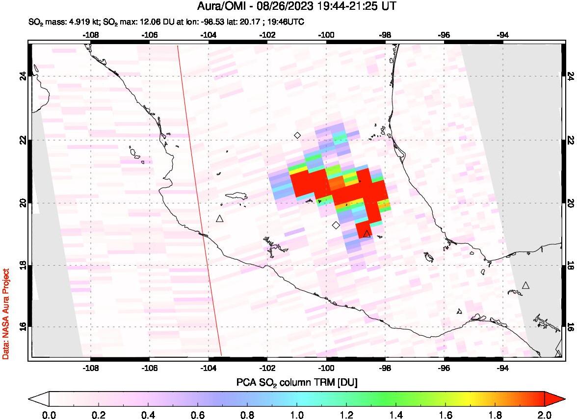 A sulfur dioxide image over Mexico on Aug 26, 2023.