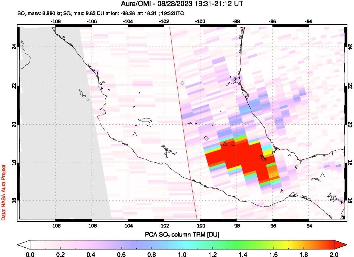 A sulfur dioxide image over Mexico on Aug 28, 2023.