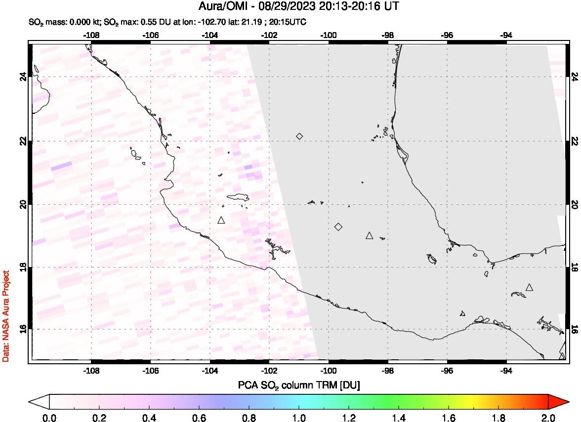 A sulfur dioxide image over Mexico on Aug 29, 2023.
