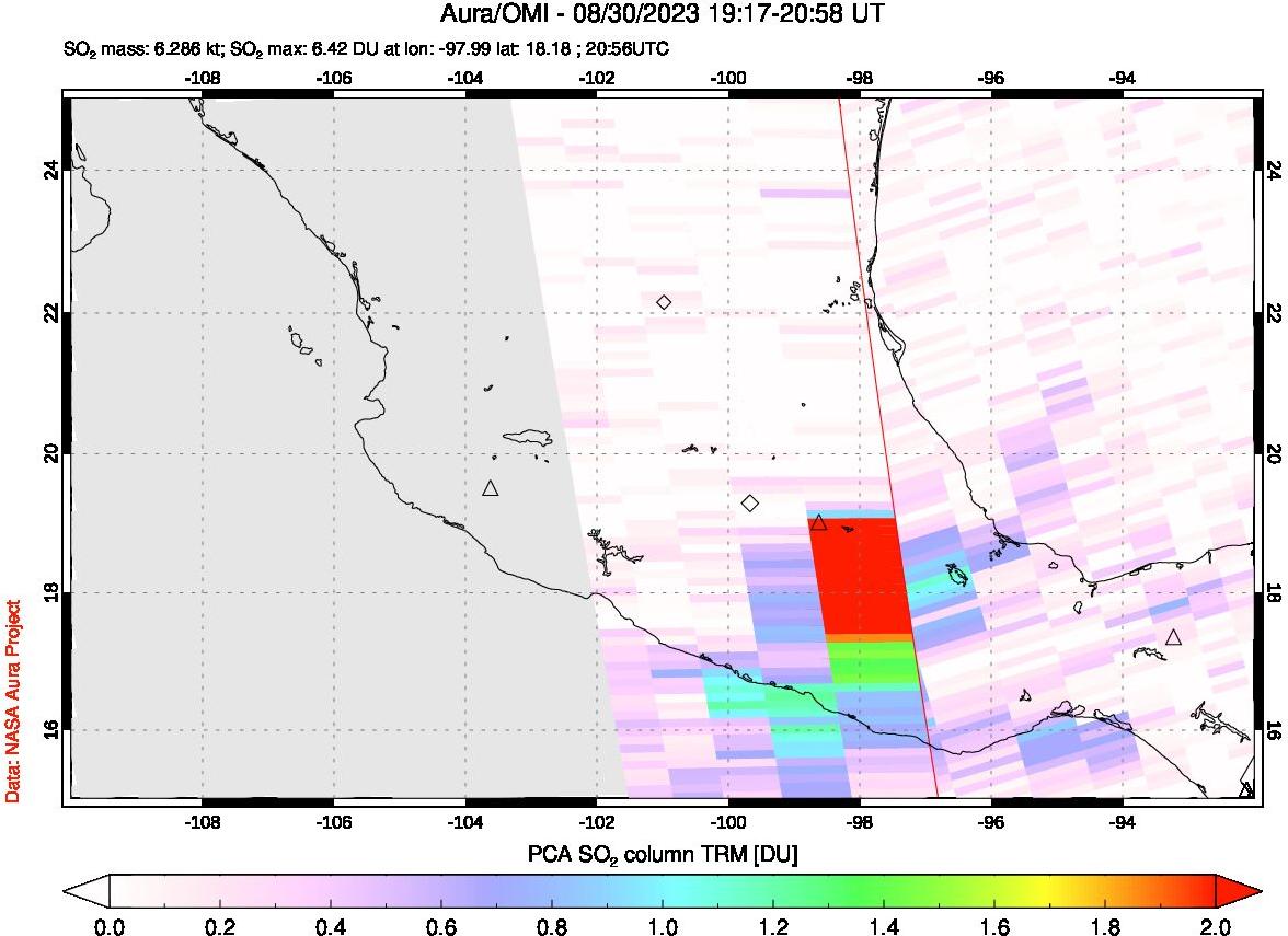 A sulfur dioxide image over Mexico on Aug 30, 2023.