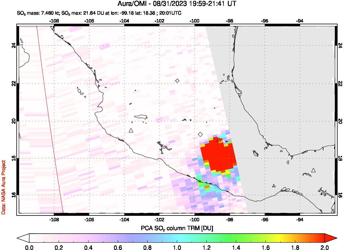 A sulfur dioxide image over Mexico on Aug 31, 2023.