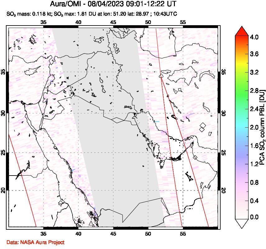 A sulfur dioxide image over Middle East on Aug 04, 2023.