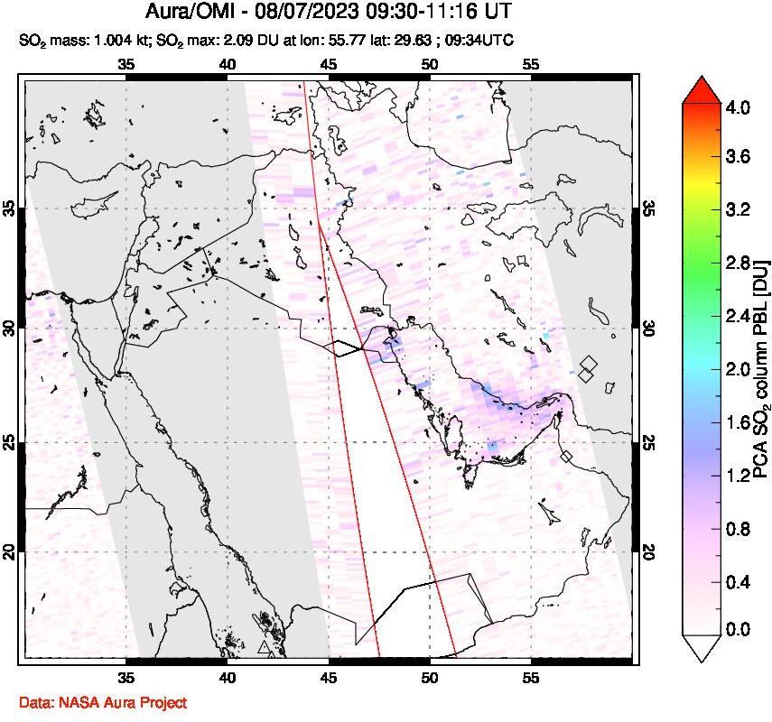 A sulfur dioxide image over Middle East on Aug 07, 2023.