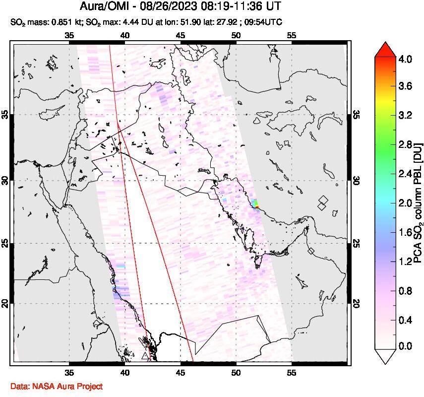 A sulfur dioxide image over Middle East on Aug 26, 2023.
