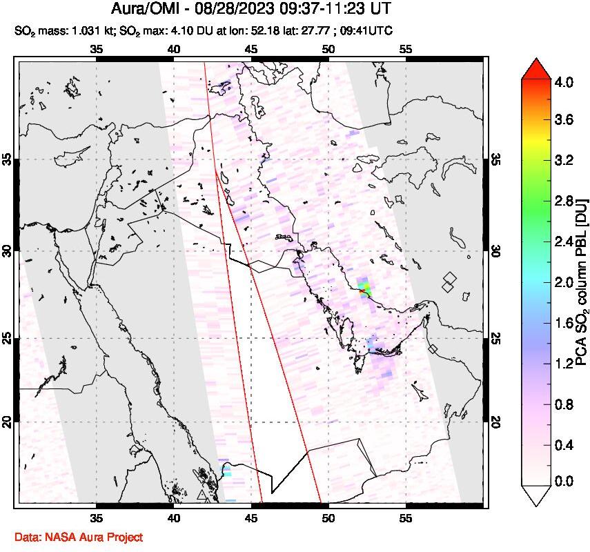 A sulfur dioxide image over Middle East on Aug 28, 2023.