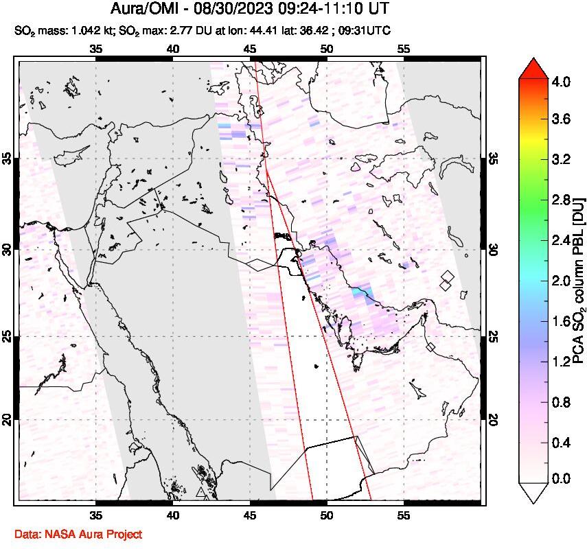 A sulfur dioxide image over Middle East on Aug 30, 2023.