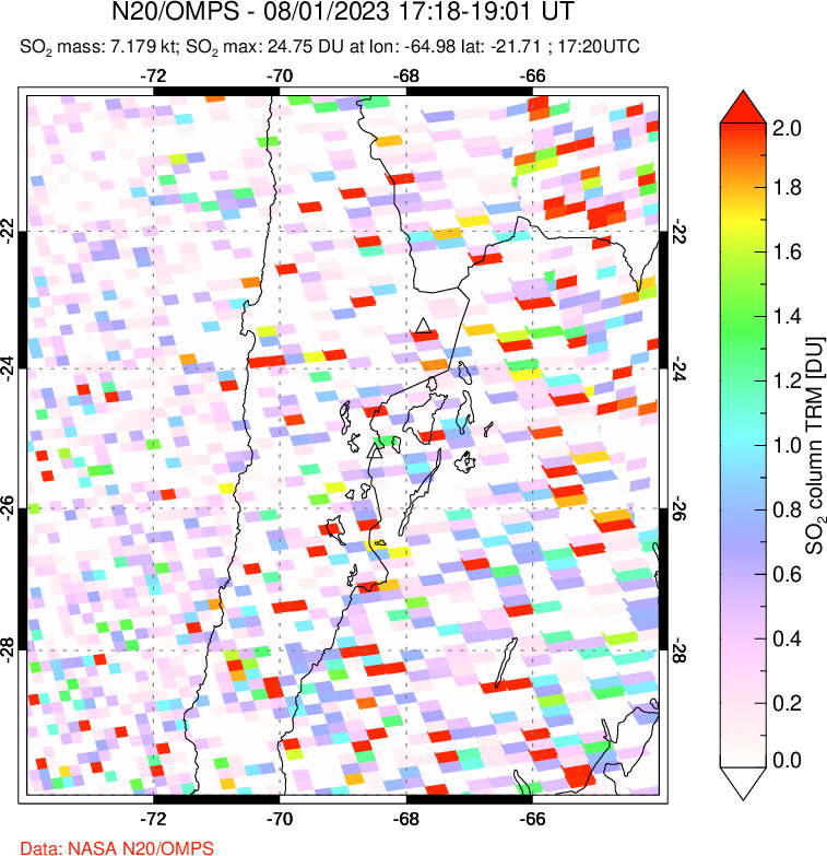 A sulfur dioxide image over Northern Chile on Aug 01, 2023.