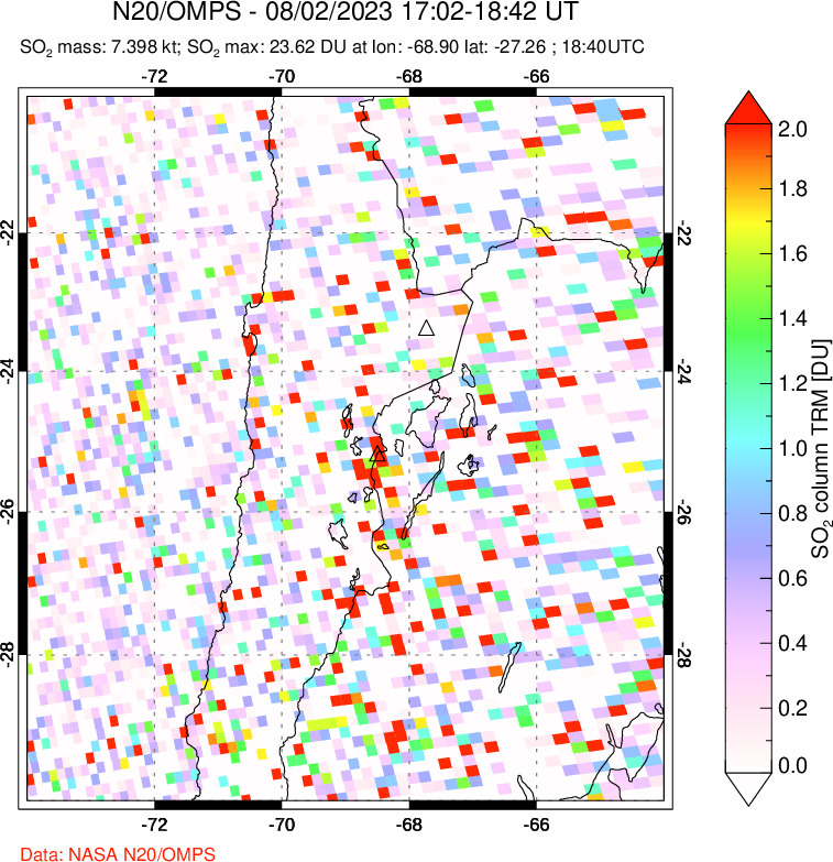 A sulfur dioxide image over Northern Chile on Aug 02, 2023.