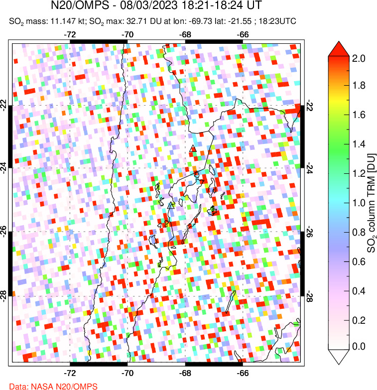 A sulfur dioxide image over Northern Chile on Aug 03, 2023.