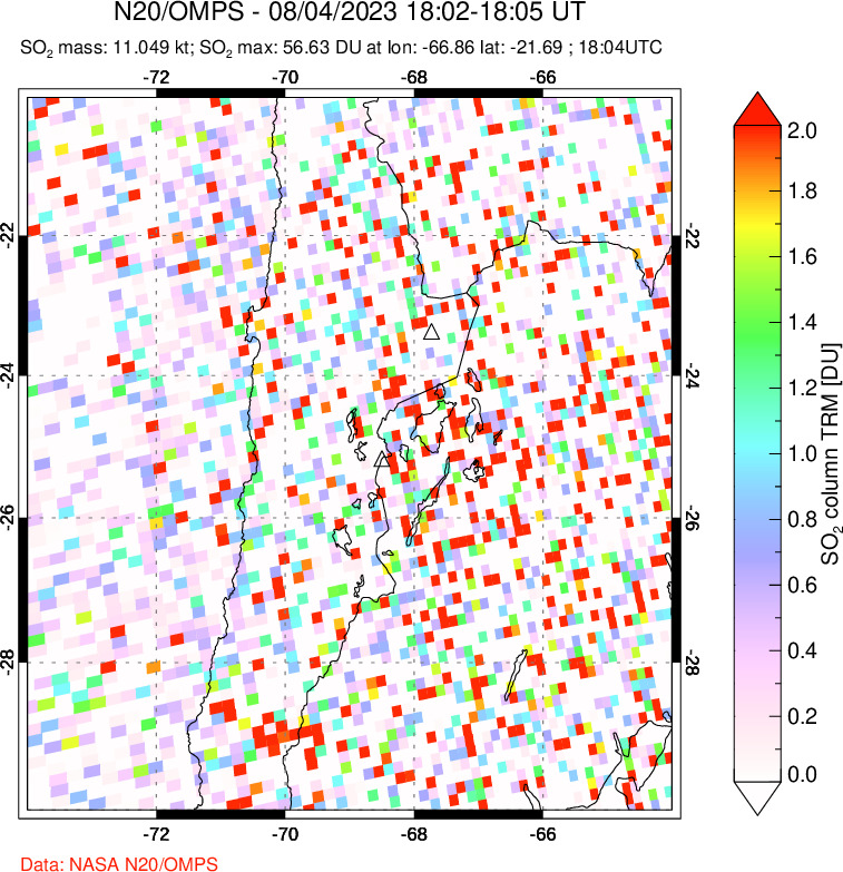 A sulfur dioxide image over Northern Chile on Aug 04, 2023.