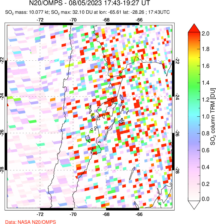 A sulfur dioxide image over Northern Chile on Aug 05, 2023.