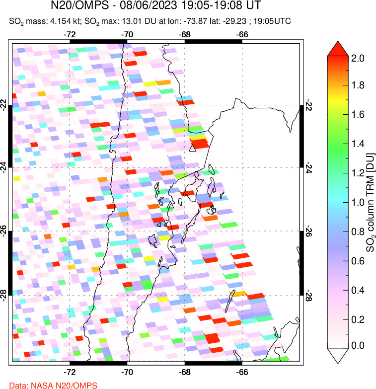 A sulfur dioxide image over Northern Chile on Aug 06, 2023.