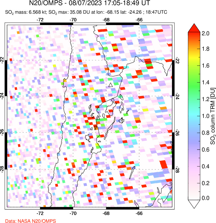 A sulfur dioxide image over Northern Chile on Aug 07, 2023.