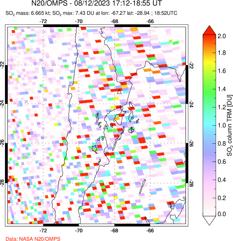 A sulfur dioxide image over Northern Chile on Aug 12, 2023.