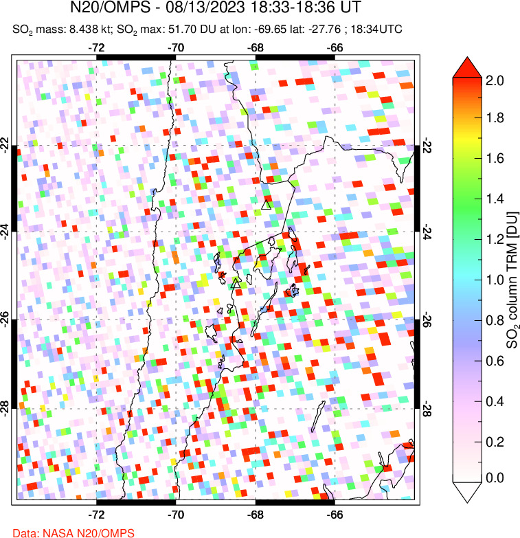 A sulfur dioxide image over Northern Chile on Aug 13, 2023.